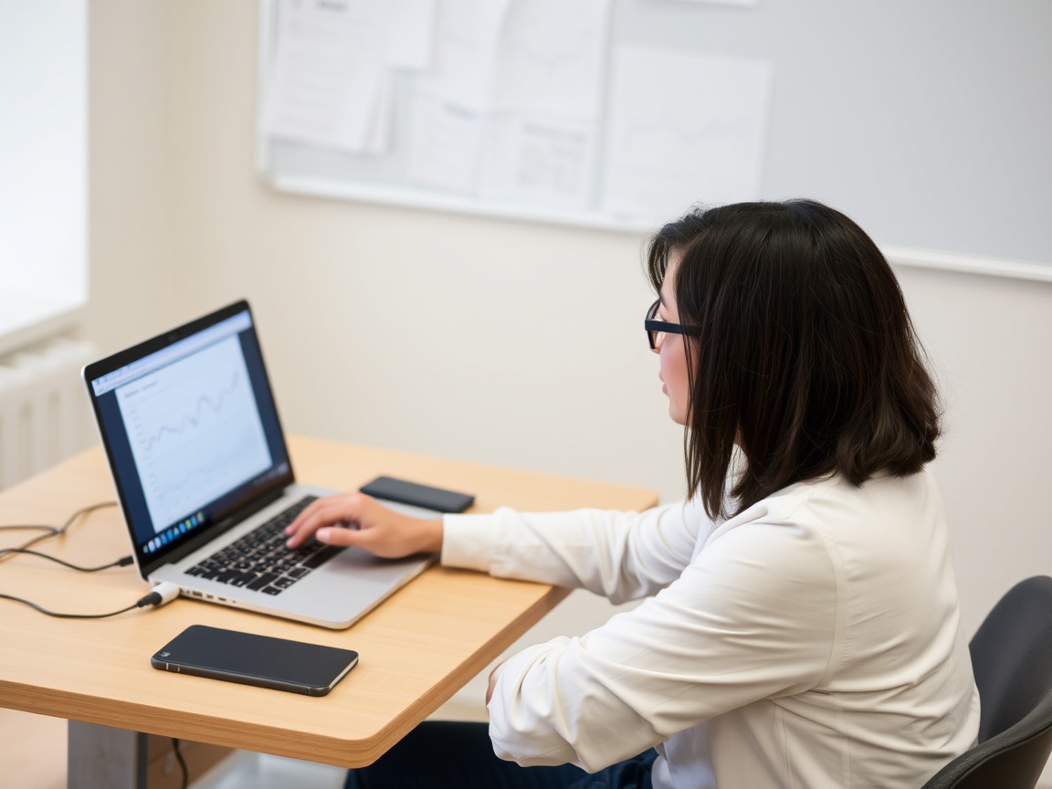 A teacher sits at a desk using a laptop with graphs on the screen.